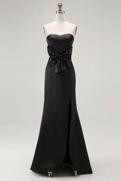 Elegant Satin Mermaid Strapless Bow Detail Sleeveless Zipper Back Floor-Length Formal Evening Dresses