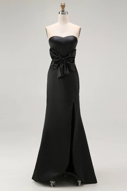 Elegant Satin Mermaid Strapless Bow Detail Sleeveless Zipper Back Floor-Length Formal Evening Dresses