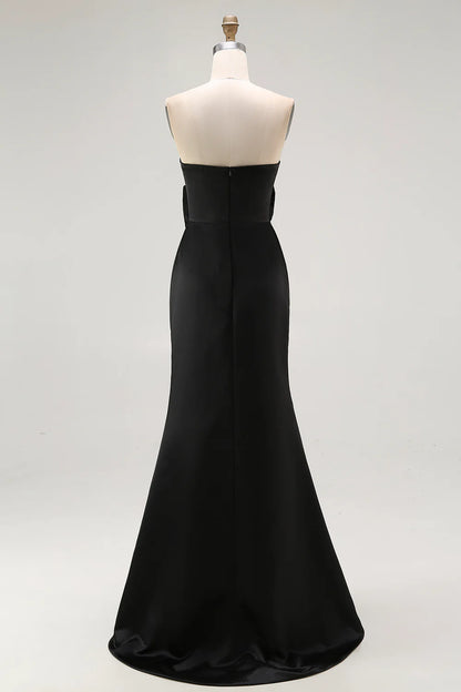 Elegant Satin Mermaid Strapless Bow Detail Sleeveless Zipper Back Floor-Length Formal Evening Dresses