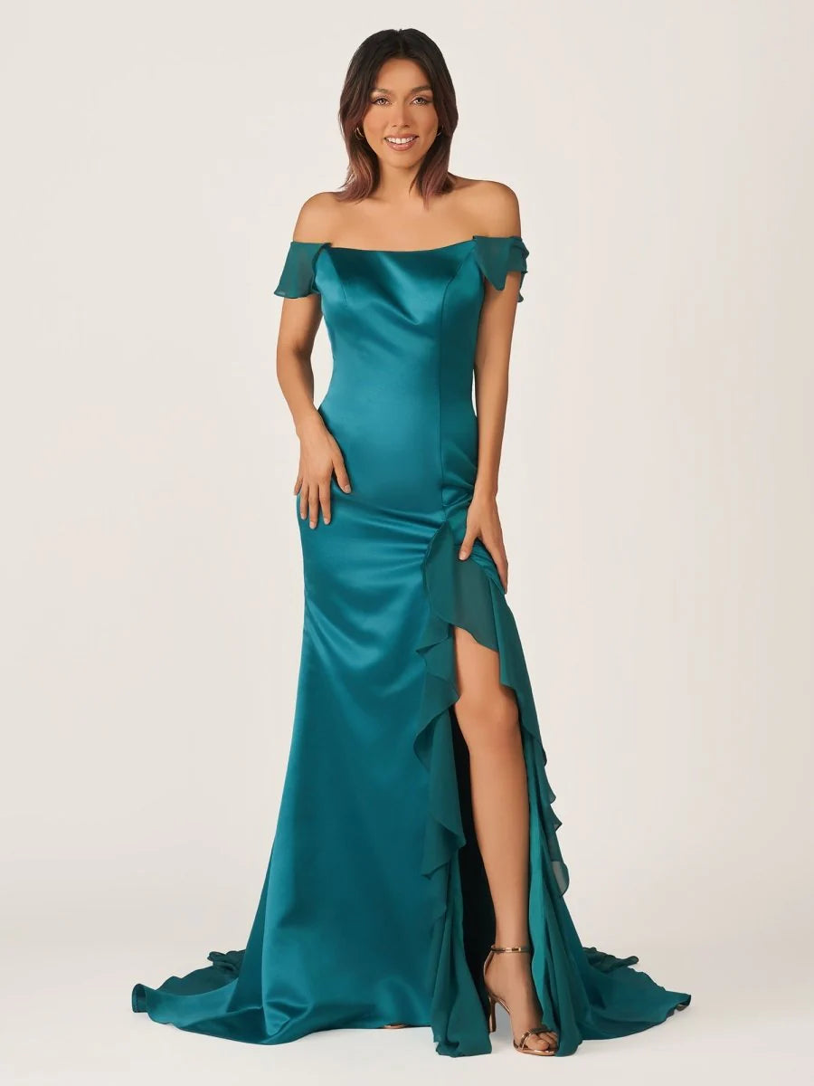 Elegant Satin Mermaid Trumpet Square Neck Off-the-Shoulder Ruffle Cap Sleeves Crisscross Lace-Up Back High Slit Floor-Length Maxi Formal Prom Dresses
