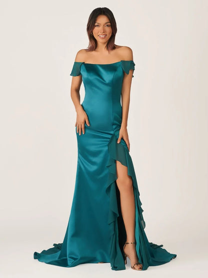 Elegant Satin Mermaid Trumpet Square Neck Off-the-Shoulder Ruffle Cap Sleeves Crisscross Lace-Up Back High Slit Floor-Length Maxi Formal Prom Dresses