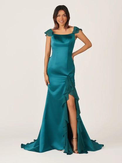 Elegant Satin Mermaid Trumpet Square Neck Off-the-Shoulder Ruffle Cap Sleeves Crisscross Lace-Up Back High Slit Floor-Length Maxi Formal Prom Dresses