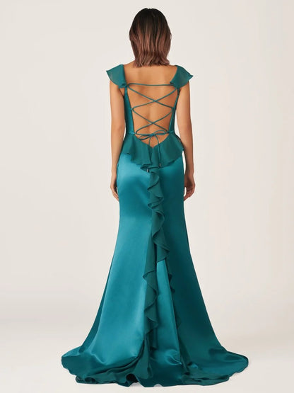 Elegant Satin Mermaid Trumpet Square Neck Off-the-Shoulder Ruffle Cap Sleeves Crisscross Lace-Up Back High Slit Floor-Length Maxi Formal Prom Dresses