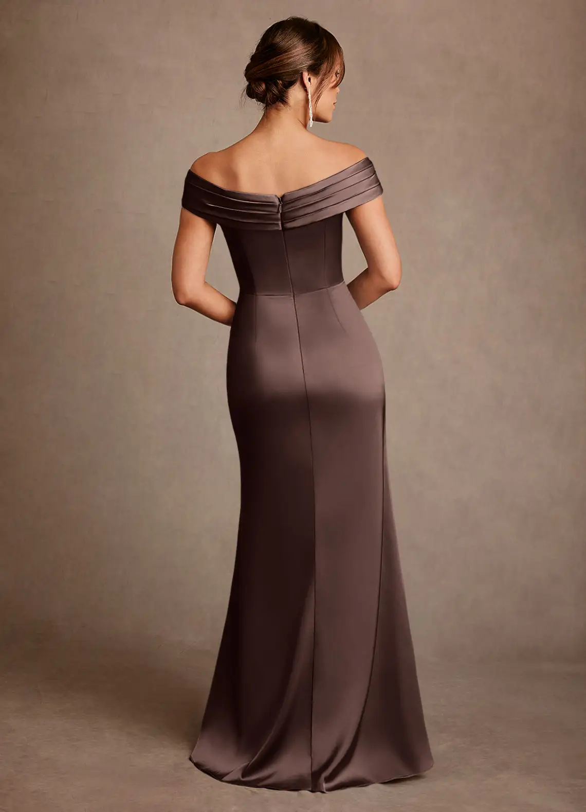 Elegant Satin Off-The-Shoulder Ruched Side Slit Floor-Length Mother of the Bride Dress