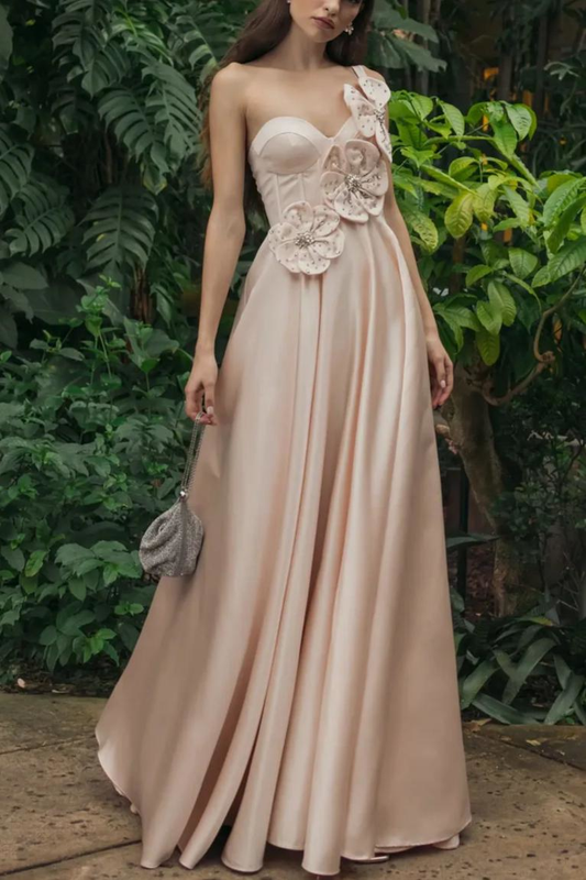 Elegant Satin One-Shoulder Sweetheart 3D Floral Applique Floor-Length Evening Dress