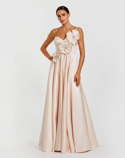 Elegant Satin One-Shoulder Sweetheart 3D Floral Applique Floor-Length Evening Dress