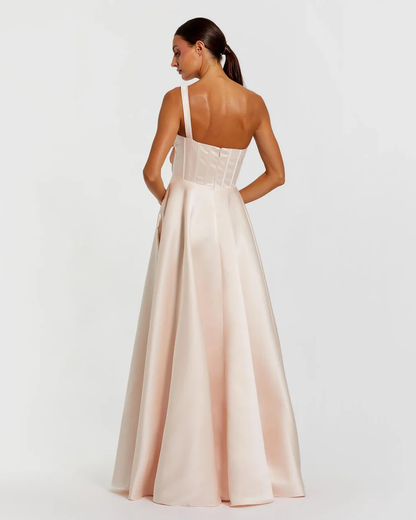 Elegant Satin One-Shoulder Sweetheart 3D Floral Applique Floor-Length Evening Dress