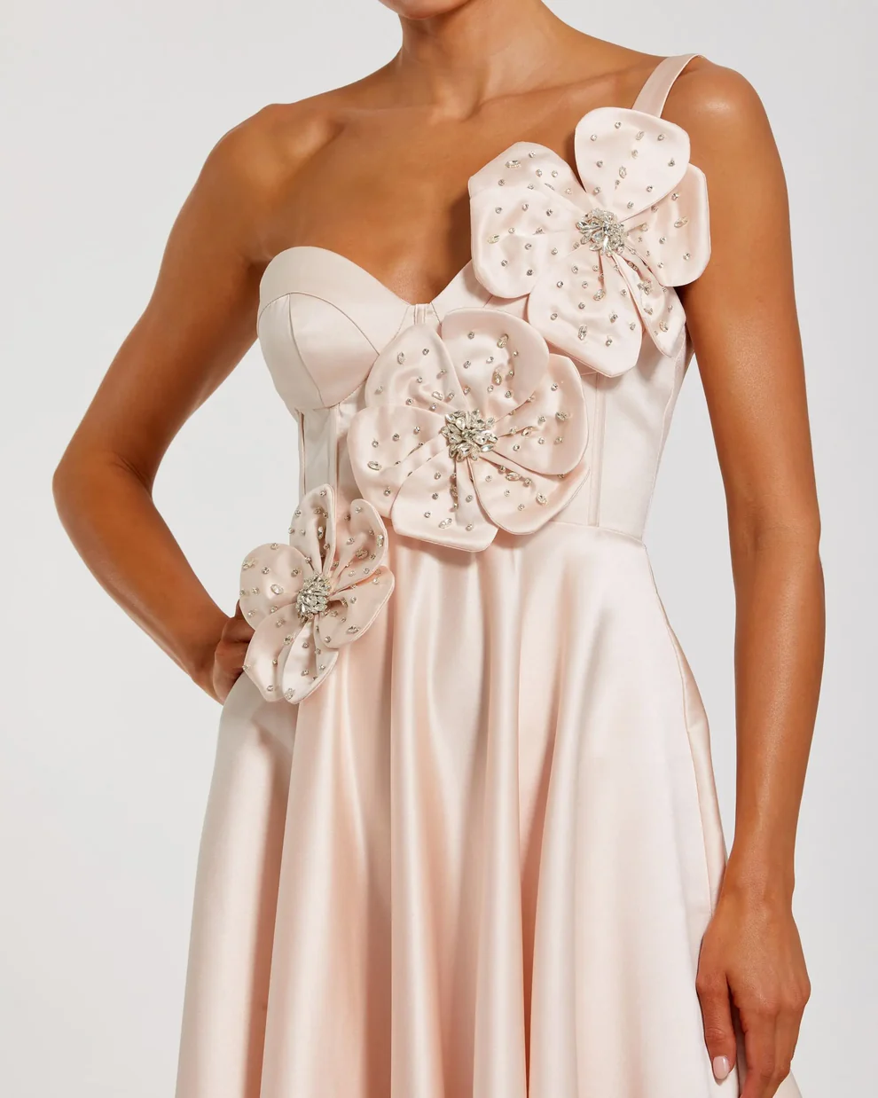 Elegant Satin One-Shoulder Sweetheart 3D Floral Applique Floor-Length Evening Dress
