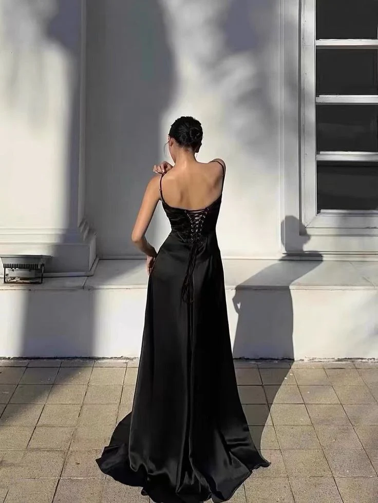 Elegant Satin Prom Dress Spaghetti Straps Cowl Neck Corset Back Floor Length