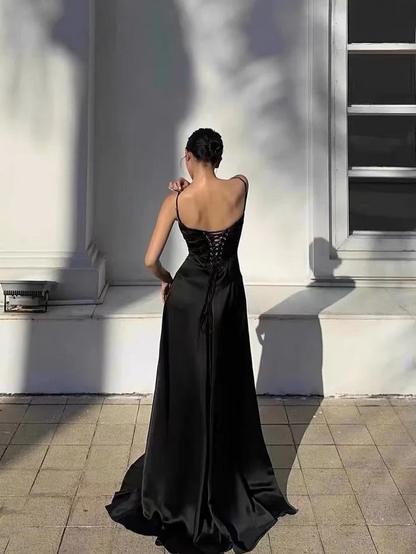 Elegant Satin Prom Dress Spaghetti Straps Cowl Neck Corset Back Floor Length