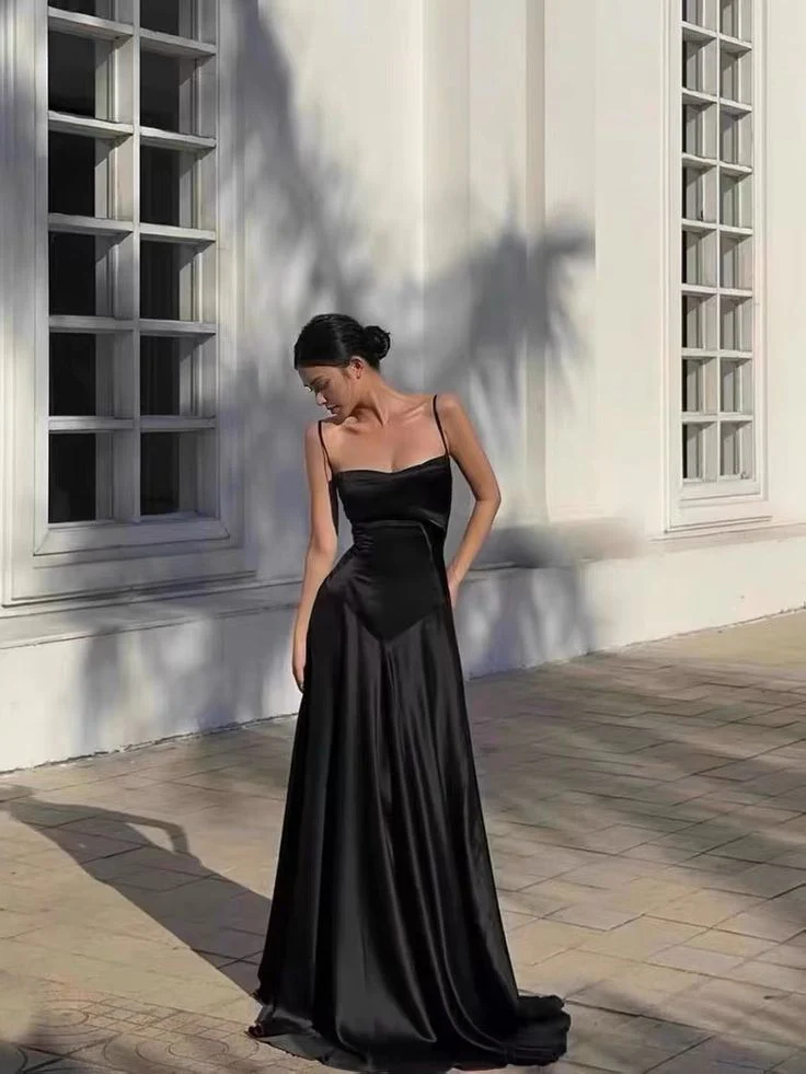 Elegant Satin Prom Dress Spaghetti Straps Cowl Neck Corset Back Floor Length