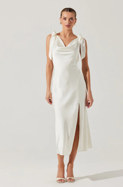 Elegant Satin Sheath Cowl-Neck Sleeveless Open-Back Back-Zip Midi Evening Dresses