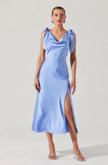 Elegant Satin Sheath Cowl-Neck Sleeveless Open-Back Back-Zip Midi Evening Dresses