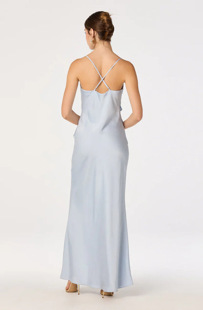 Elegant Satin Sheath Cowl-Neck Spaghetti-Strap Open-Back Ruffle Maxi Evening Dresses