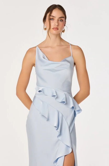 Elegant Satin Sheath Cowl-Neck Spaghetti-Strap Open-Back Ruffle Maxi Evening Dresses