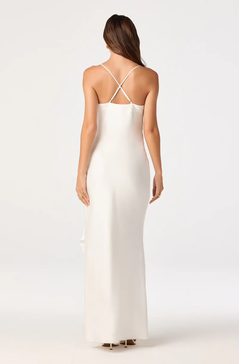 Elegant Satin Sheath Cowl-Neck Spaghetti-Strap Open-Back Ruffle Maxi Evening Dresses