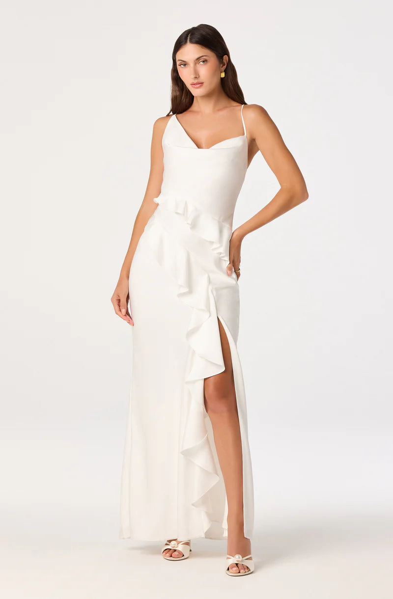 Elegant Satin Sheath Cowl-Neck Spaghetti-Strap Open-Back Ruffle Maxi Evening Dresses