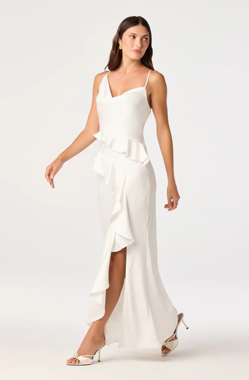 Elegant Satin Sheath Cowl-Neck Spaghetti-Strap Open-Back Ruffle Maxi Evening Dresses