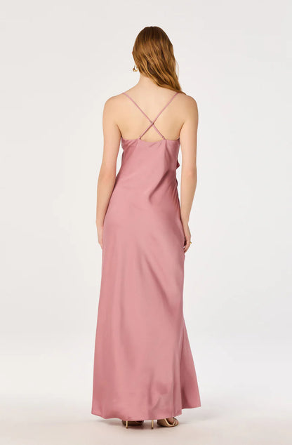 Elegant Satin Sheath Cowl-Neck Spaghetti-Strap Open-Back Ruffle Maxi Evening Dresses