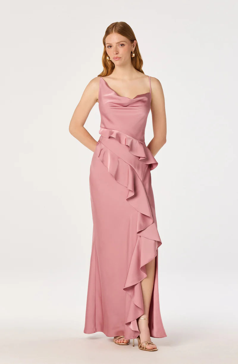 Elegant Satin Sheath Cowl-Neck Spaghetti-Strap Open-Back Ruffle Maxi Evening Dresses