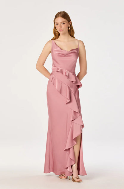 Elegant Satin Sheath Cowl-Neck Spaghetti-Strap Open-Back Ruffle Maxi Evening Dresses