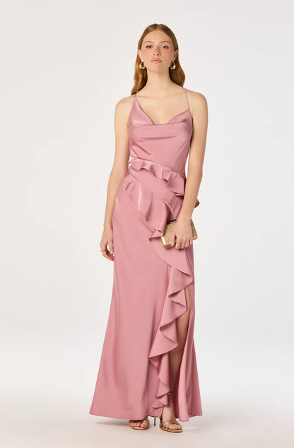 Elegant Satin Sheath Cowl-Neck Spaghetti-Strap Open-Back Ruffle Maxi Evening Dresses