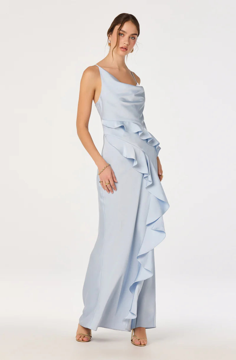 Elegant Satin Sheath Cowl-Neck Spaghetti-Strap Open-Back Ruffle Maxi Evening Dresses