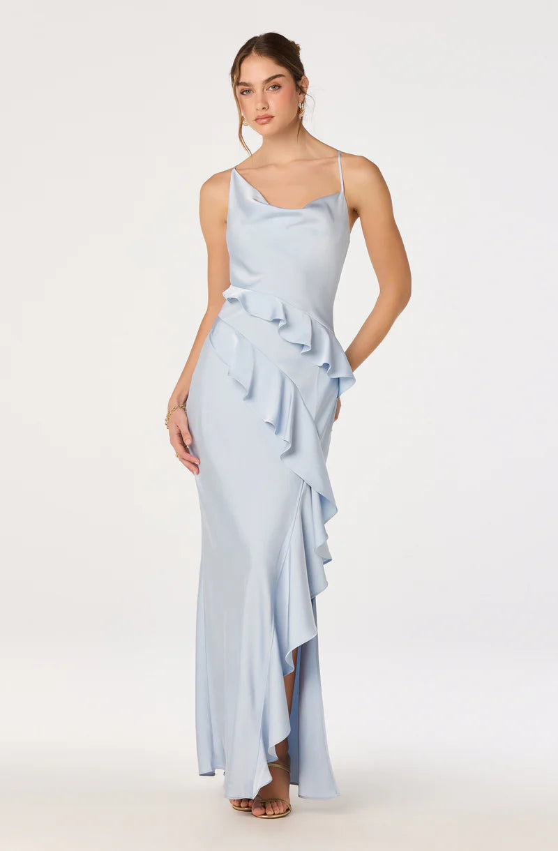 Elegant Satin Sheath Cowl-Neck Spaghetti-Strap Open-Back Ruffle Maxi Evening Dresses