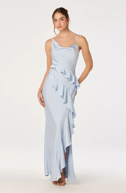 Elegant Satin Sheath Cowl-Neck Spaghetti-Strap Open-Back Ruffle Maxi Evening Dresses