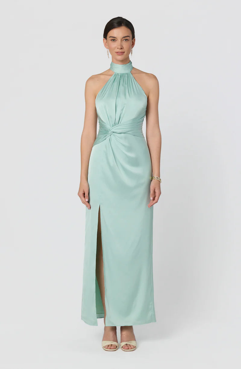 Elegant Satin Sheath Halter Sleeveless Open-Back Back-Zip Maxi Evening Dresses
