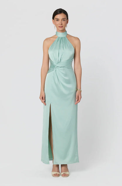 Elegant Satin Sheath Halter Sleeveless Open-Back Back-Zip Maxi Evening Dresses