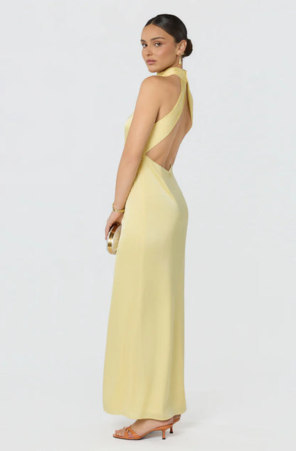 Elegant Satin Sheath Halter Sleeveless Open-Back Back-Zip Maxi Evening Dresses