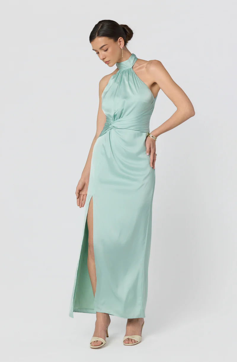Elegant Satin Sheath Halter Sleeveless Open-Back Back-Zip Maxi Evening Dresses