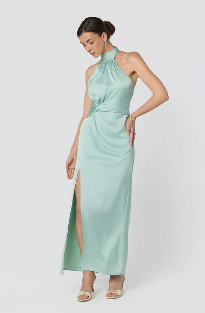 Elegant Satin Sheath Halter Sleeveless Open-Back Back-Zip Maxi Evening Dresses
