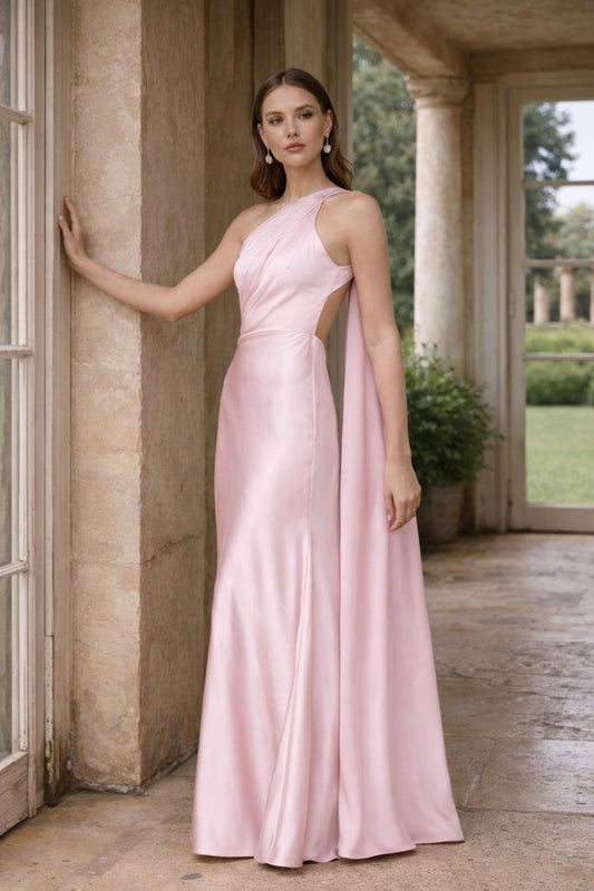 Elegant Satin Sheath One-Shoulder Sleeveless Open Back Cape Detail Evening Dress