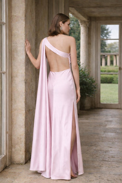 Elegant Satin Sheath One-Shoulder Sleeveless Open Back Cape Detail Evening Dress