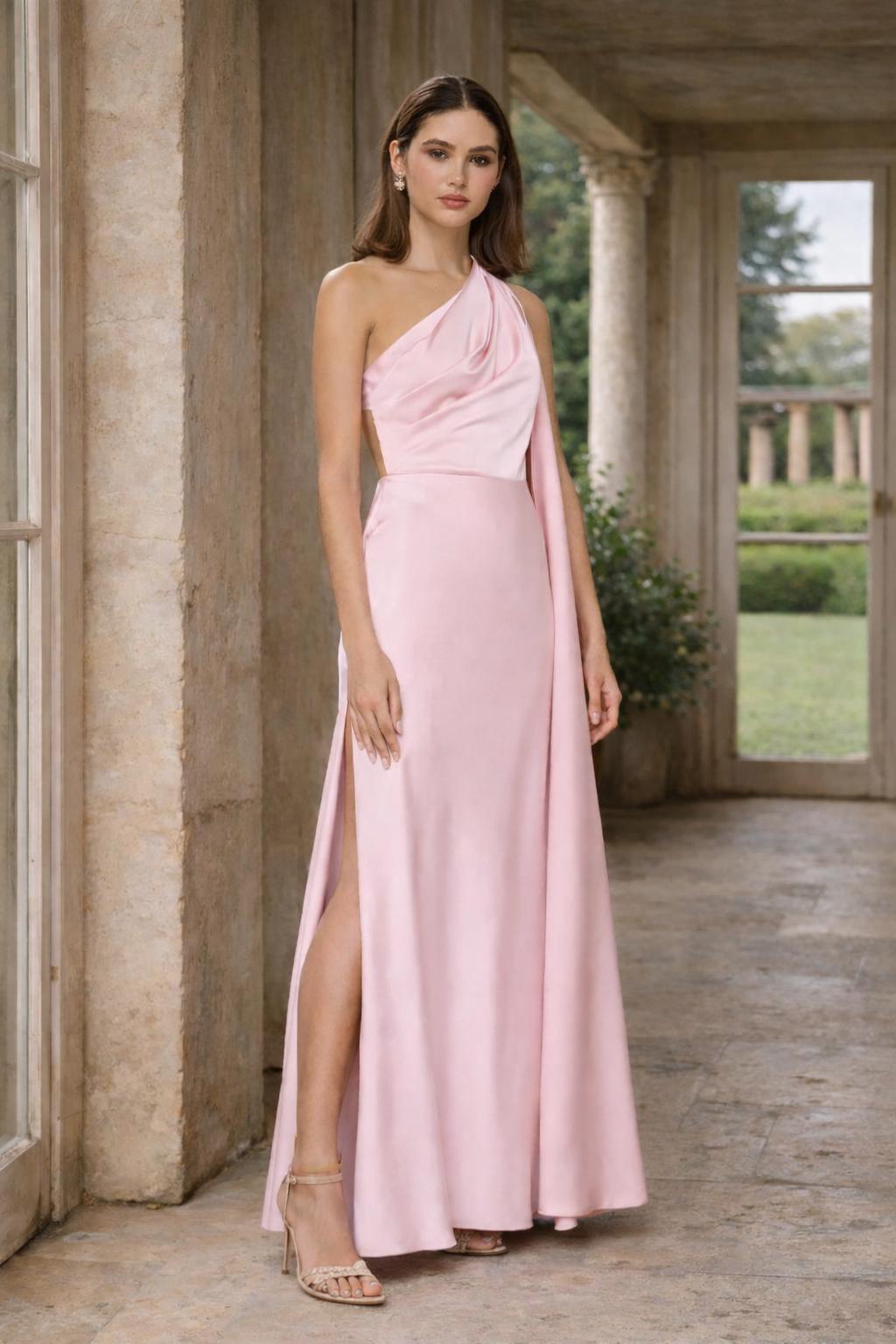 Elegant Satin Sheath One-Shoulder Sleeveless Open Back Cape Detail Evening Dress
