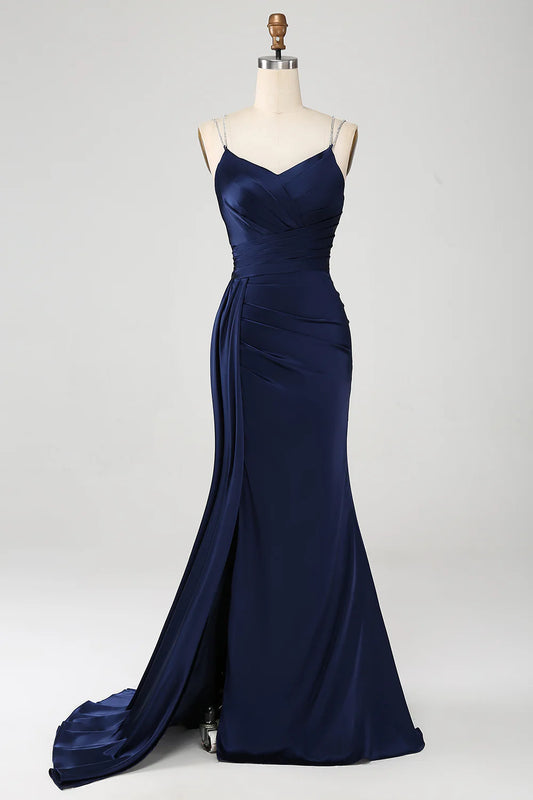 Elegant Satin Spaghetti Strap Prom Dresses with Crisscross Lace-Up Back and Side Drape