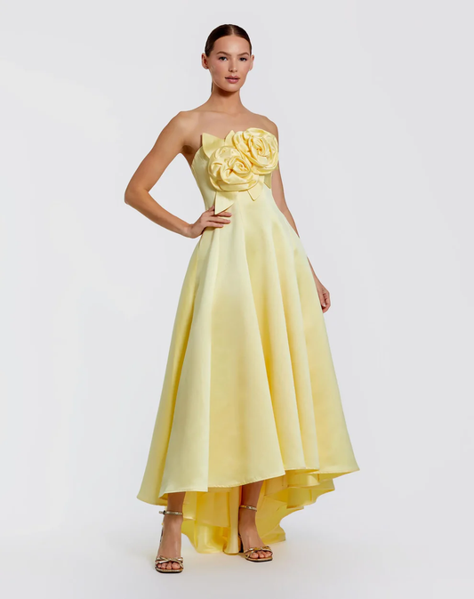 Elegant Satin Strapless 3D Floral Applique High-Low Hem Evening Dress