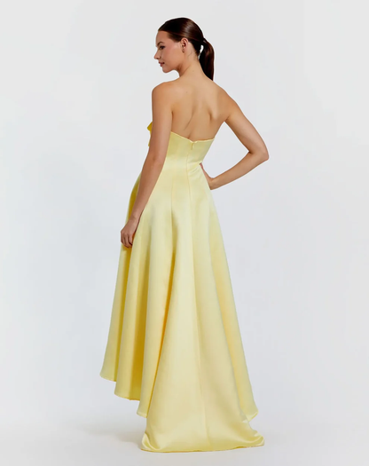 Elegant Satin Strapless 3D Floral Applique High-Low Hem Evening Dress