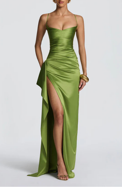 Elegant Satin Sweetheart Spaghetti Straps Crisscross Lace-Up Back High Slit Floor Length Prom Dress