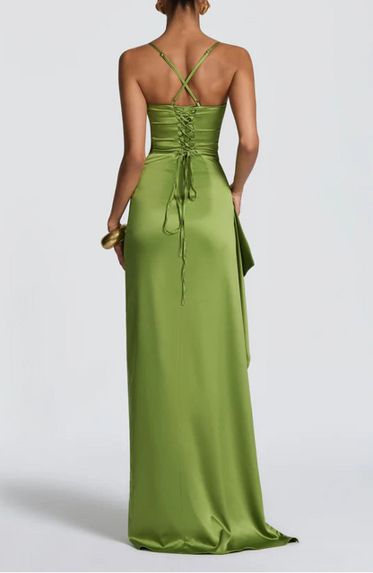 Elegant Satin Sweetheart Spaghetti Straps Crisscross Lace-Up Back High Slit Floor Length Prom Dress