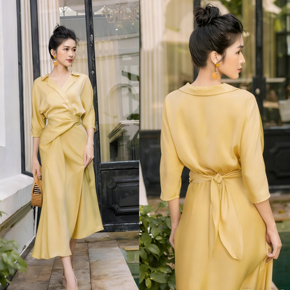 Elegant Satin Wrap Evening Dress with Collar, Tie-Back Waist and Midi Skirt