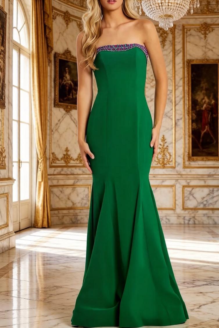 Elegant Scuba Mermaid Silhouette Strapless Beaded Neckline Floor-Length Evening Dress for Formal Events