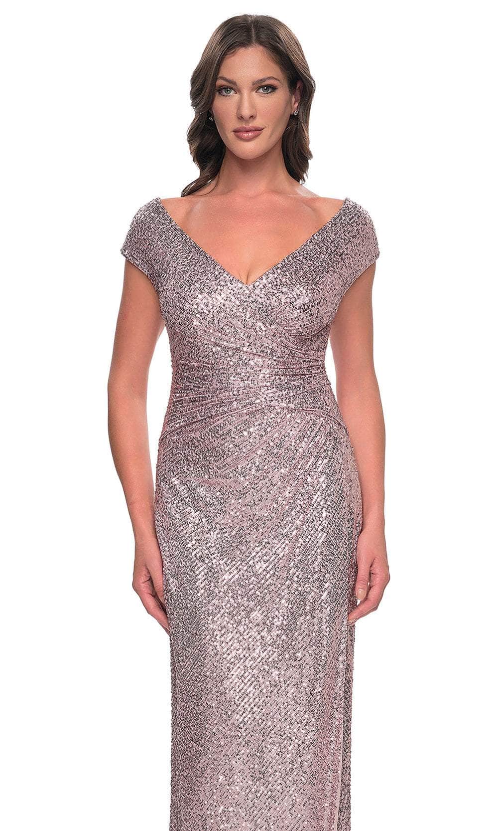 Elegant Sequin Ruched Sheath V Neck Cap Sleeve V Back Slit Floor Length Mother of the Bride Dress