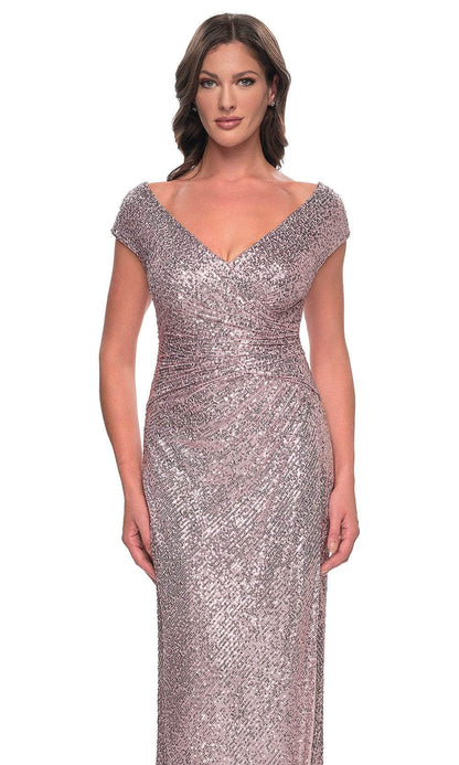 Elegant Sequin Ruched Sheath V Neck Cap Sleeve V Back Slit Floor Length Mother of the Bride Dress