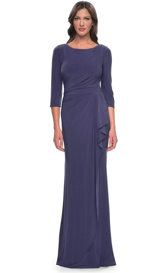 Elegant Sheath Bateau Neck Three Quarter Sleeves Ruched V Back Floor Length Mother of the Bride Dress