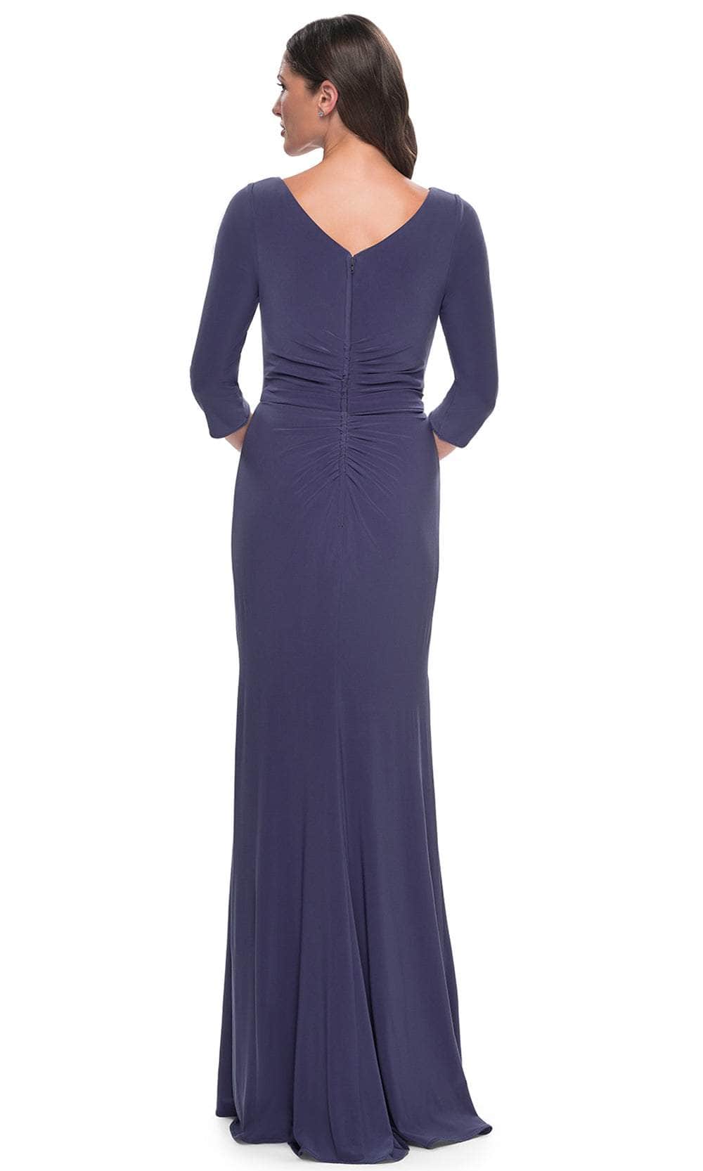 Elegant Sheath Bateau Neck Three Quarter Sleeves Ruched V Back Floor Length Mother of the Bride Dress