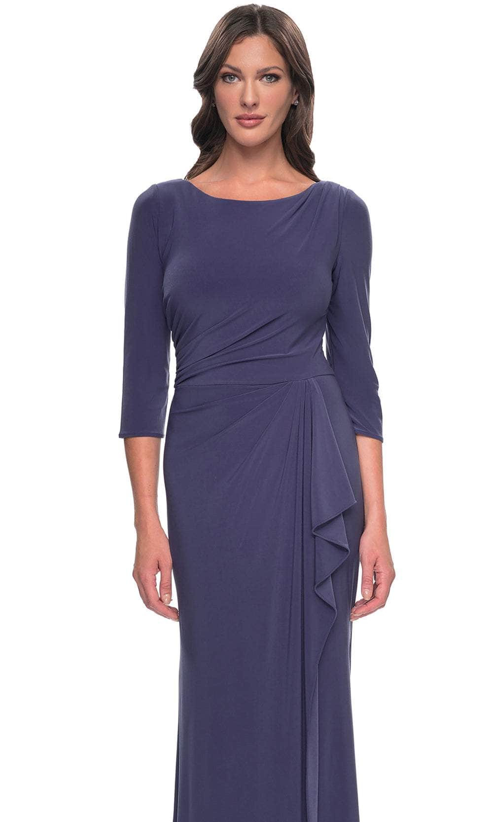 Elegant Sheath Bateau Neck Three Quarter Sleeves Ruched V Back Floor Length Mother of the Bride Dress