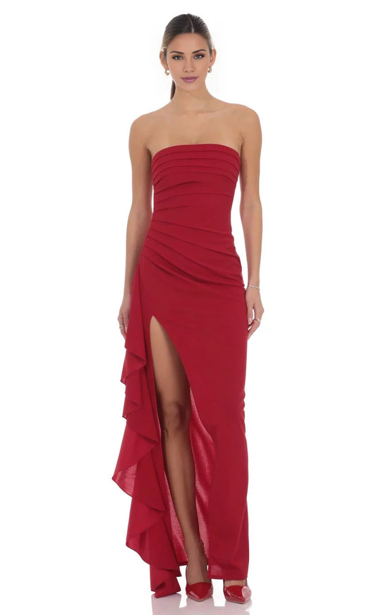 Elegant Sheath Strapless Ruched Ruffled-Slit High-Low Prom Dress